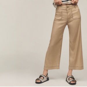 Maeve Anthropologie The Colette Linen Crop Pants Contrast Stitch Khaki Sz 33